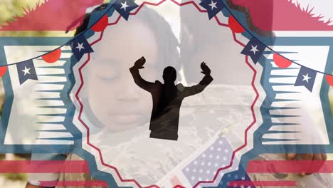 Animation-of-cotillion,-flags-and-human-silhouette-over-african-american-father-and-daughter