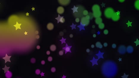 Animation-of-flickering-multicoloured-stars-and-spots-moving-on-black-background