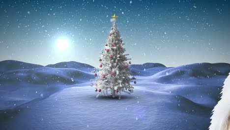 Animation-of-snow-falling-over-christmas-tree-and-winter-landscape