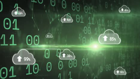 Animation-of-clouds-with-uploading-over-binary-code-on-green-background