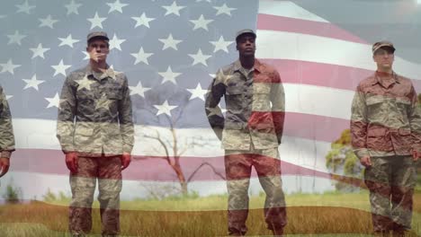 Animación-De-La-Bandera-De-Estados-Unidos-Sobre-Diversos-Soldados.