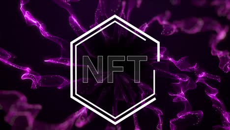 Animation-of-nft-in-hexagon-over-black-background-with-purple-waves