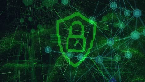 Data-processing-over-security-shield-and-padlock-icon-against-green-digital-wave-on-black-background