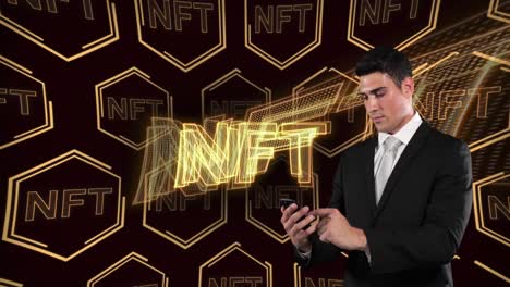 Animation-of-nft-over-nft-in-hexagons-over-caucasian-businessman-using-smartphone