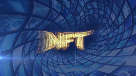 Animation-Von-NFT-über-Einem-Tunnel-Aus-Blauen-Digitalen-Bildschirmen