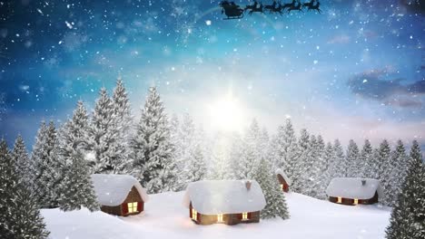 Animación-De-Nieve-Cayendo-Sobre-Navidad-Santa-Claus-En-Trineo-Con-Renos-Y-Paisajes-Invernales