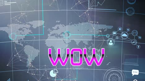 Animation-Von-Wow-Text-über-Netzwerk-Von-Verbindungen-Und-Weltkarte