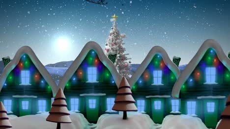 Animation-Von-Schnee,-Der-über-Weihnachten-Fällt,-Weihnachtsmann-Im-Schlitten-Mit-Rentieren-Und-Winterlandschaft