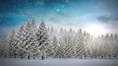 Animation-of-snow-falling-over-fir-trees-at-christmas