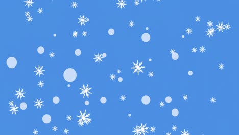 Animation-of-light-spots-and-snow-falling-over-blue-background