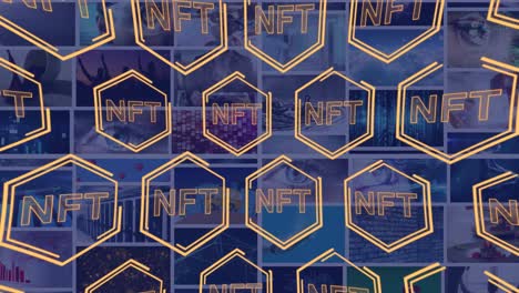Animation-of-nft-in-hexagons-over-diverse-photos-in-background