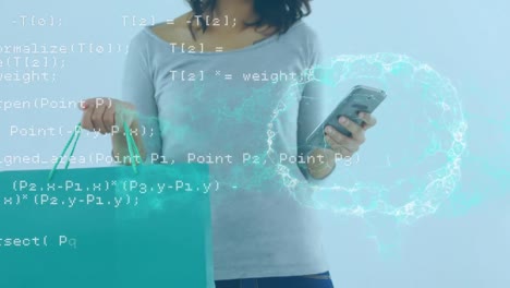 Animation-of-data-processing-over-happy-biracial-woman-using-smartphone