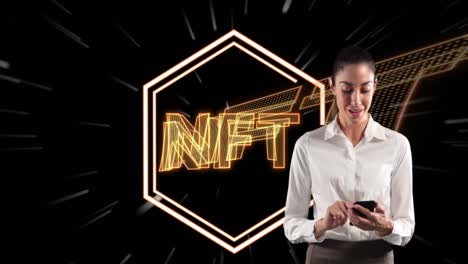 Animation-of-nft-in-hexagon-over-caucasian-woman-using-smartphone-on-black-background-with-lines