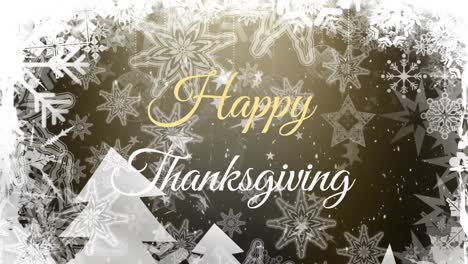 Animation-of-happy-thanksgiving-text-over-snow-falling-and-christmas-decorations