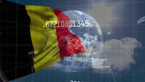 Animation-of-data-processing-and-globe-over-flag-of-belgium