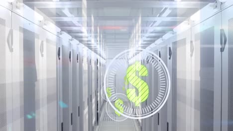 Animation-of-dollar-in-circles-over-servers