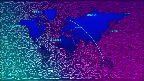 Animation-of-numbers-over-world-map-on-background-with-green-and-purple-waves