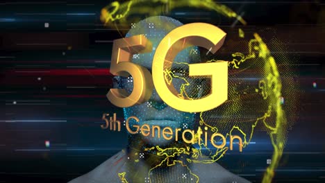 Animation-of-5g-text-over-globe-and-digital-human-on-black-background