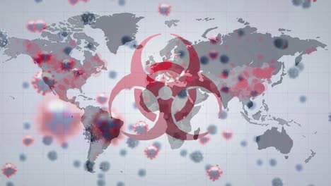 Animation-Von-Viruszellen-Und-Biogefährdungssymbol-über-Der-Weltkarte