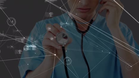 Animation-of-network-of-connections-and-data-processing-over-caucasian-doctor-using-stethoscope