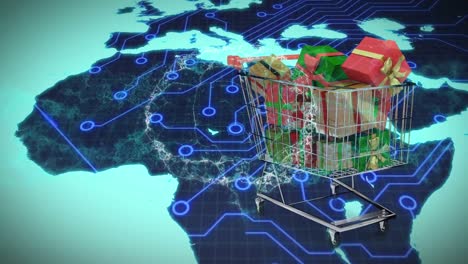 Animation-Des-Digitalen-Gehirns-über-Weltkarte-Und-Einkaufswagen-Mit-Geschenken