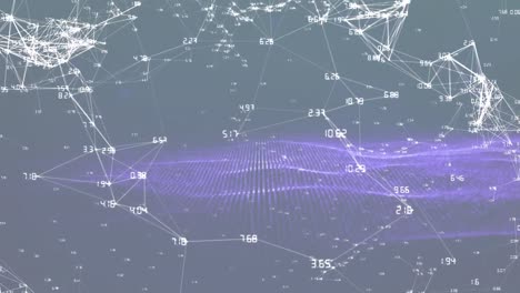 Animation-of-purple-mesh,-networks-of-connections-with-numbers-processing-over-grey-background