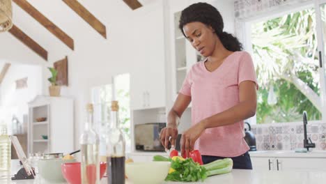 Video-Einer-Afroamerikanischen-Frau,-Die-In-Der-Küche-Eine-Mahlzeit-Zubereitet