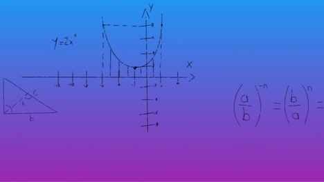 Animation-of-math-formulas-moving-over-blue-and-pink-background