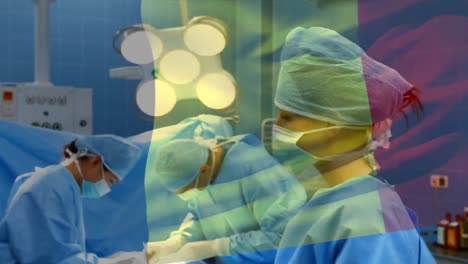 Animation-of-flag-of-france-over-diverse-doctors-during-surgery