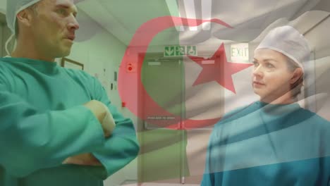Animation-of-flag-of-algeria-over-caucasian-doctors-talking