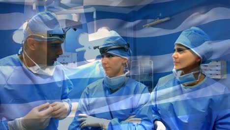 Animation-of-flag-of-greece-over-diverse-doctors-talking