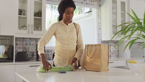 Video-of-african-american-woman-unpacking-groceries-in-kitchen