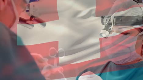 Animation-Der-Flagge-Der-Schweiz-über-Sprechenden-Kaukasischen-Ärzten