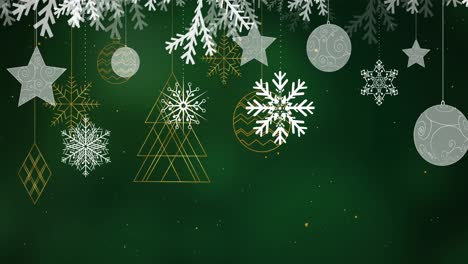 Animation-of-snow-falling-over-christmas-tree-and-baubles-on-green-background