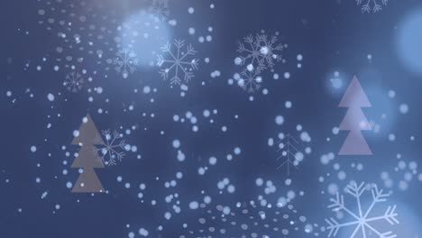 Animation-Von-Schnee,-Der-über-Weihnachtsbäume-In-Einer-Winterlandschaft-Fällt