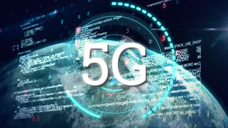 Animation-of-5g-over-data-processing-and-globe-on-black-background