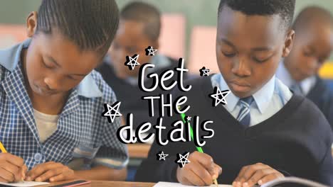 Animation-of-get-the-details-over-african-american-pupils-learning-at-school