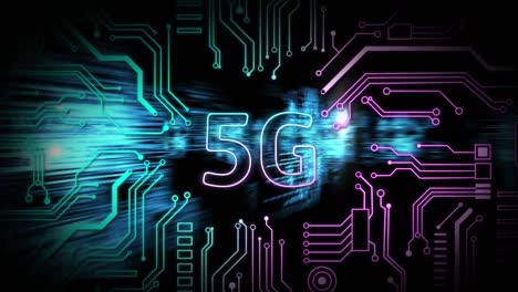 Animation-of-5g-and-integrated-circuit-over-black-background