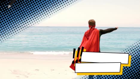 Animation-of-green-hexagons-over-back-view-of-caucasian-boy-in-superhero-costume-running-on-beach