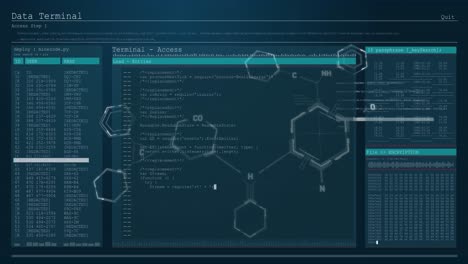 Chemical-structures-floating-over-digital-interface-with-data-processing-against-blue-background