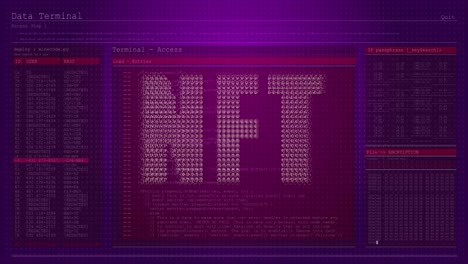 Nft-text-banner-against-computer-interface-with-data-processing-against-purple-background