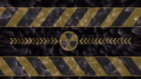 Animation-of-radioactive-symbol-over-shapes-on-black-background