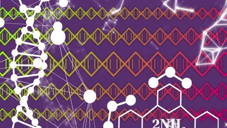 Dna-structure-spinning-and-chemical-structures-against-network-of-connections-on-purple-background