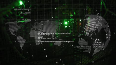 Datenverarbeitung-über-Sich-Drehenden-Globus-Und-Weltkarte-Vor-Nahaufnahme-Eines-Computerservers