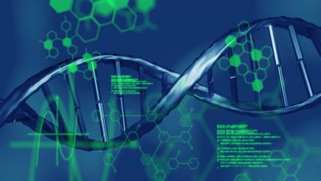 Medical-data-processing-over-dna-structure-spinning-against-blue-background