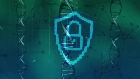 Security-padlock-icon-and-dna-structure-against-network-of-connections-on-green-background