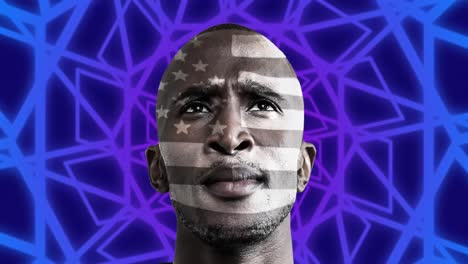 Animation-of-african-american-man-with-american-flag-on-face-over-shapes