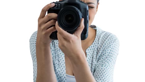 Animation-of-caucasian-woman-holding-camera-over-white-background