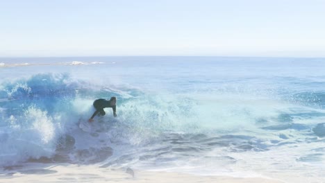 Animation-of-landscape-with-ocean-over-caucasian-male-surfer-surfing