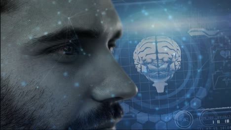 Network-of-connection-over-close-up-of-caucasian-man-against-interface-with-medical-data-processing